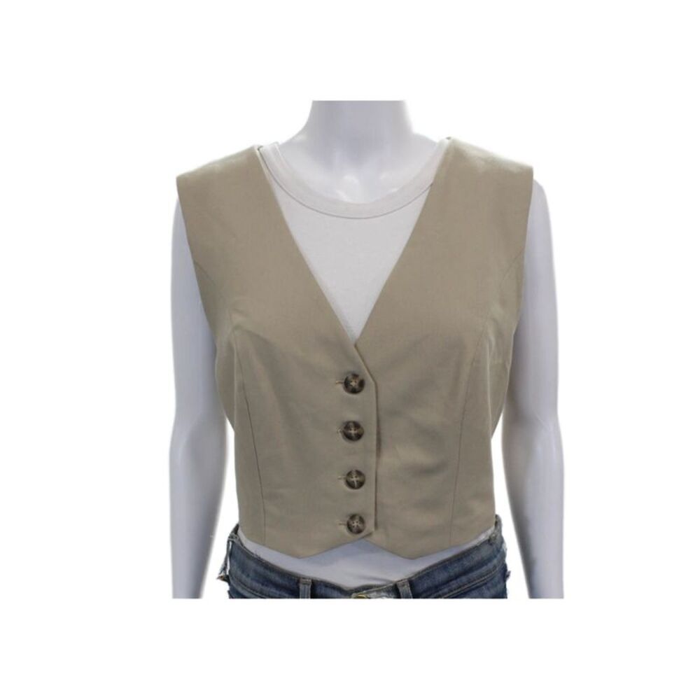 Mare Mare x Anthropologie Womens Cropped Beige V-Neck Polyester Vest Size XL